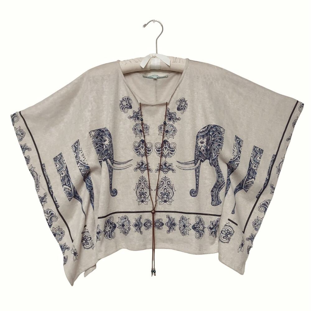 LA FE MARABOUTEE Poncho Top Size 1 Elephant Print Leather Tie Beads Boho Retro - Picture 1 of 11